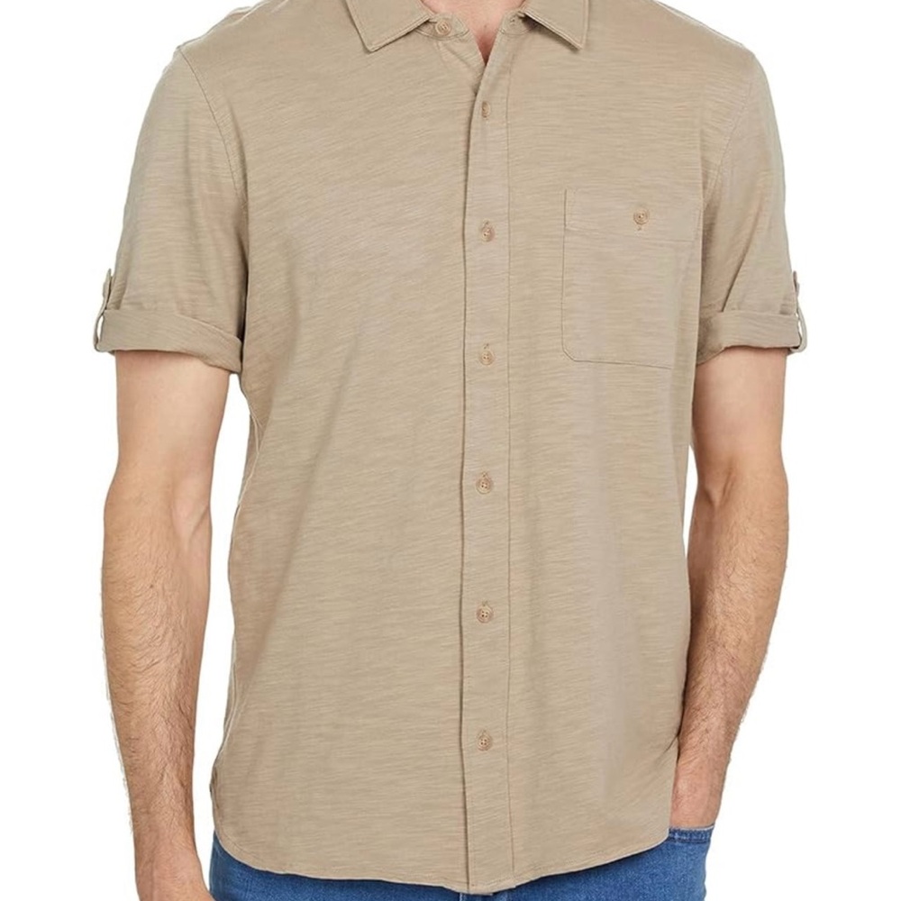 Brand new PAIGE Men’s Brayden Short Sleeve Shirt with Roll Tab in Soft Tan (XL)